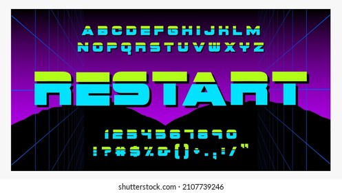 Tipo de Futurismo Retro 80 Font. Alfabeto de salto de pincel vectorial. Reiniciar. Futurismo Retro Estilo Viejo VHS. Juego o música futurista