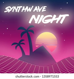 80's Retro futuristic backdrop with text "Synthwave night". Vector illustration of a light grid surface with palms and pyramids against a purple starry sky. Synthwave and retrowave stylization.