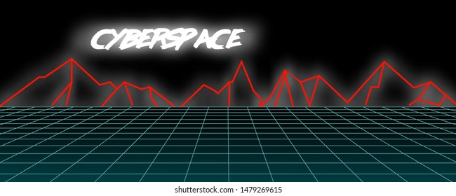 80's Retro futuristic background. Canonical representation of a cyberspace. Vector illustration of a light grid surface. Digital relief in a wireframe style on a black backdrop. Cyberpunk concept.