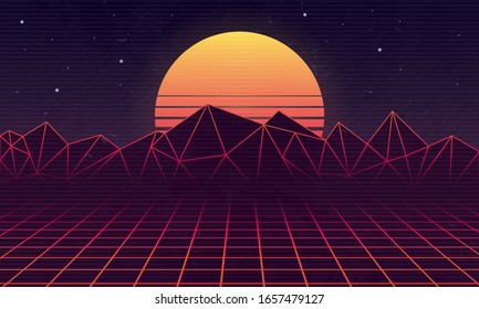 80s Retro futuristic background with laser grid and retro sunset. Neon retro background for games, vaporwave music. Vector illustration