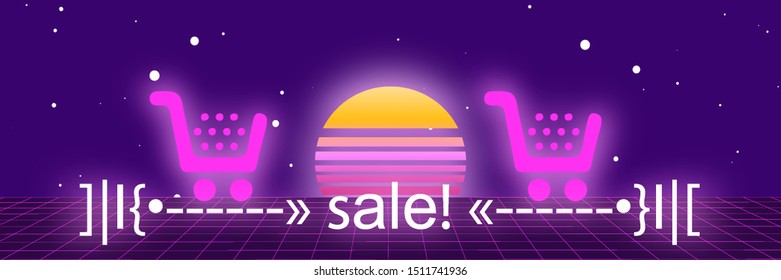80's Retro futuristic background with neon lights. Vector illustration of a light grid surface against purple backdrop with abstract shopping trolley and inscription "SALE!" in a vaporwave style.