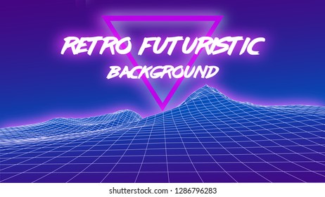 80's Retro futuristic background. Vector illustration of a light grid landscape. Abstract digital relief in a wireframe style on a dark blue background.  Beautiful backdrop with neon lights.