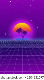 80's Retro futuristic background. Vector illustration of a light grid surface with palms an sun against purple starry sky. Beautiful wallpaper with neon lights. Synthwave and retrowave stylization.