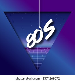80's Retro futuristic background. Vector illustration of a light grid surface in a frame of triangle against dark blue backdrop.  Beautiful wallpaper with paper cut objects. Synthwave stylization.