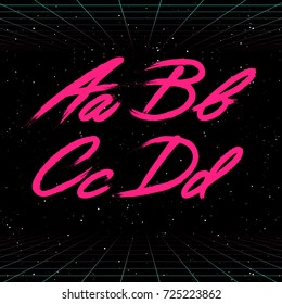 80s Retro Futuristic Font. Vector Brush Stroke Alphabet. Letters From A To D