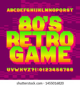 80s retro game alphabet font. Digital gradient letters and numbers on pixel background. 80s video game typescript.