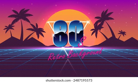 80s retro gamebackground. Synthwave wireframe landscape for game assets in vector illustrations.Retro Futurism Sci-Fi Background. glowing neon grid.and stars from vintage arcade comp