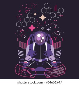 80s retro geometric patterns background with futuristic cosmonaut. Vector illustration for posters, banners, covers, placards, website and brochures. 