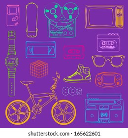 80s Retro lifestyle objects in funky color / 80s Retro objects outline