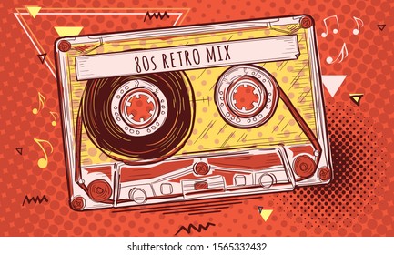 80s retro mix - funky audio cassette, colorful musical design