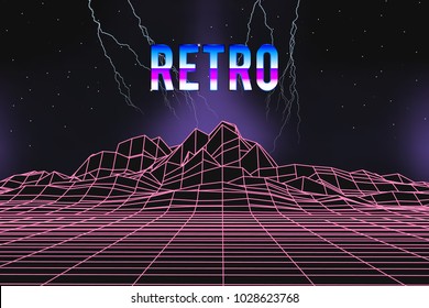 80s retro music cover with neon light and lightnings. Wireframe futuristic landscape. Artificial Intelligence abstract background.