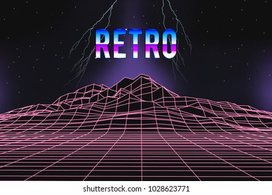 80s retro music cover with neon light and lightnings. Wireframe futuristic landscape. Artificial Intelligence abstract background.
