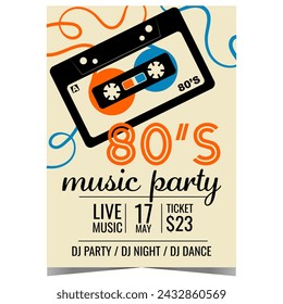 80s retro music party banner or poster with a compact audio cassette mixtape on the background. Vector invitation leaflet or flyer for the eighties music concert, disco dance live event at nightclub.