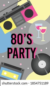 80s retro music party invitation background with bright items of eighties years music recorder, flat cartoon vector illustration. 1980s fashion style party banner.