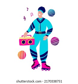 80s retro music party man and record player clipart. Cartoon boy character human vector card.