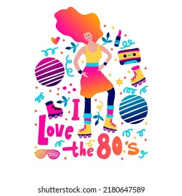 80's retro music party poster rollers funky girl vector fashion boy card for print