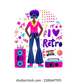 80's retro music party poster funky vector fashion african American boy card for print