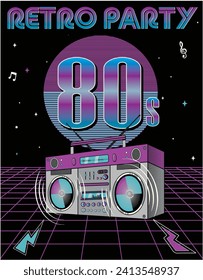 80s retro music party poster vector design, vintage disco party artwork, old tape recorder vector, vintage boombox, retro vintage party design for t shirt, sticker, poster, graphic print

