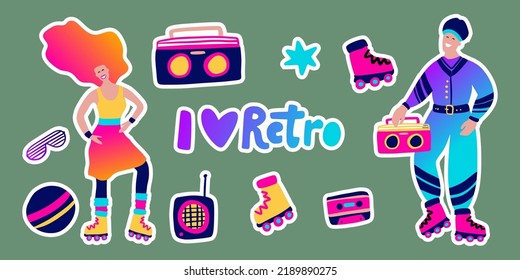 80s Retro Music Party Sticker Set. Groovy Funky Woman Man Character Disco Dance