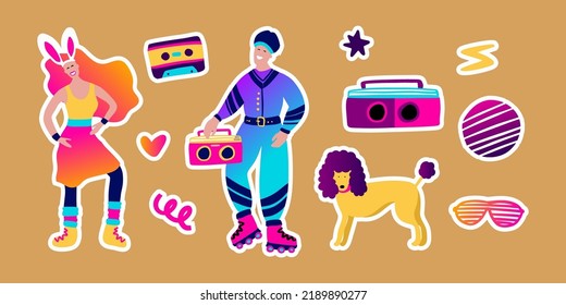 80s Retro Music Party Sticker Set. Groovy Funky Character Disco Dance Roller Skates Cartoon Collection