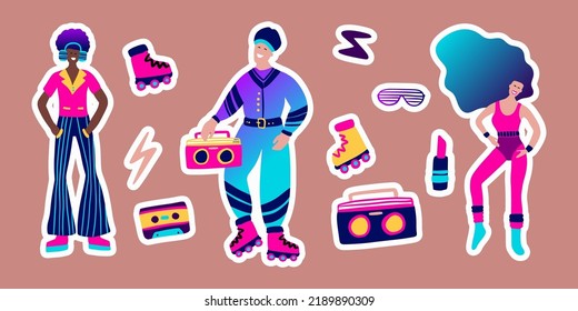 80s Retro Music Party Sticker Set. Groovy Funky Character Disco Dance Roller Skates Cartoon Collection