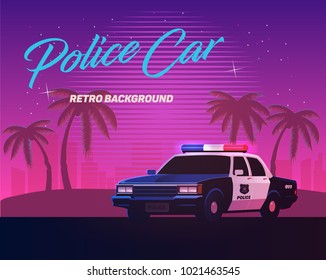 80s retro neon gradient background. Vintage police car. Palms and city. Tv glitch effect. Sci-fi beach.