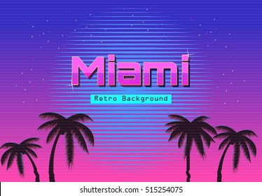 80s Retro Neon Gradient Background. Palms And Sun. Tv Glitch Effect. Sci-fi Miami Beach