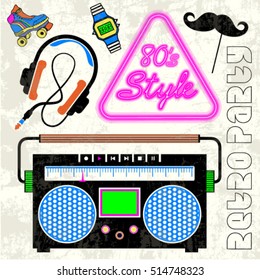 80's Retro neon style elements Colorful background. Vintage Lips, headphones, vintage cassette radio, eighties fashion vector graphic disco banner and poster. Memphis style fashion graphic template. 