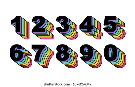 80's retro numbers. Rainbow Vintage Alphabet vector 80's, 90's Old style graphic poster set. Eighties style graphic template. Template easy editable for Your design. 80s rainbow style, vintage.
