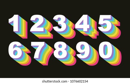 80's retro numbers. Rainbow Vintage Alphabet vector 80's, 90's Old style graphic poster set. Eighties style graphic template. Template easy editable for Your design. 80s rainbow style, vintage.