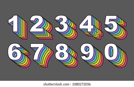 80's retro numbers. Rainbow Vintage Alphabet vector 80's, 90's Old style graphic poster set. Eighties style graphic template. Template easy editable for Your design. 80s rainbow style, vintage.