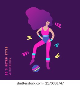 80s retro party aerobic woman clipart. Cartoon character human vector card.
