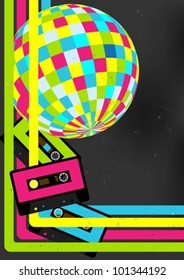 80's Retro Party Background - Audio Cassette Tapes and Disco Ball