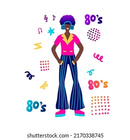 80s retro party man clipart. Cartoon boy character human vector card.