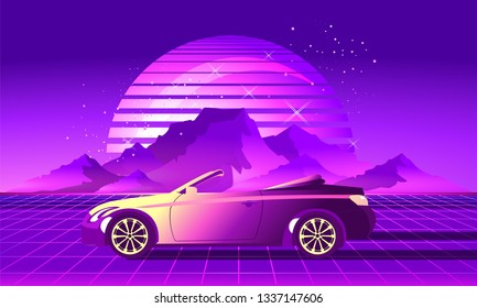 80s Retro Sci-Fi Background with car futuristic synth retro wave illustration in 1980s posters style