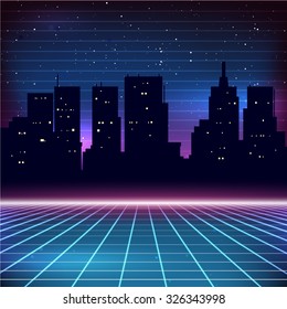 80s Retro Sci-Fi Background With City Silhouette