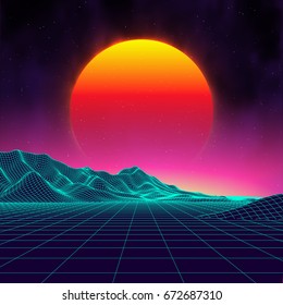 80s Retro Sci-Fi Background. Digital retro wireframe landscape . Retro futuristic background 1980s style.