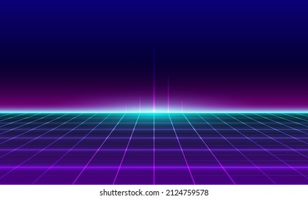 80s Retro Sci-Fi Background Futuristic Grid landscape. Digital cyber surface style of the 1980`s. 3D illustration. infinite mesh bottom 