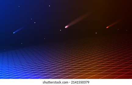 80s Retro Sci-Fi Background Futuristic Grid landscape. Digital cyber surface style of the 1980`s. 3D illustration. infinite mesh bottom, comets under space grid	