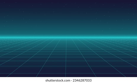  80s Retro Sci-Fi Background Futuristic Grid landscape. Digital cyber surface style of the 1980`s. Double infinite grid and lights forward. Synthwave wireframe net illustration. 80s, 90s cyber grid 