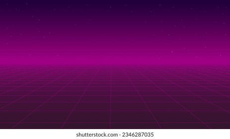  80s Retro Sci-Fi Background Futuristic Grid landscape. Digital cyber surface style of the 1980`s. Double infinite grid and lights forward. Synthwave wireframe net illustration. 80s, 90s cyber grid 