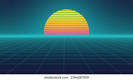  80s Retro Sci-Fi Background Futuristic Grid landscape. Digital cyber surface style of the 1980`s. Double infinite grid and lights forward. Synthwave wireframe net illustration. 80s, 90s cyber grid 