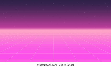  80s Retro Sci-Fi Background Futuristic Grid landscape. Digital cyber surface style of the 1980`s. Double infinite grid and lights forward. Synthwave wireframe net illustration. 80s, 90s cyber grid 