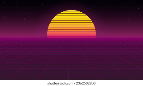  80s Retro Sci-Fi Background Futuristic Grid landscape. Digital cyber surface style of the 1980`s. Double infinite grid and lights forward. Synthwave wireframe net illustration. 80s, 90s cyber grid 