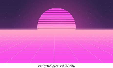  80s Retro Sci-Fi Background Futuristic Grid landscape. Digital cyber surface style of the 1980`s. Double infinite grid and lights forward. Synthwave wireframe net illustration. 80s, 90s cyber grid 