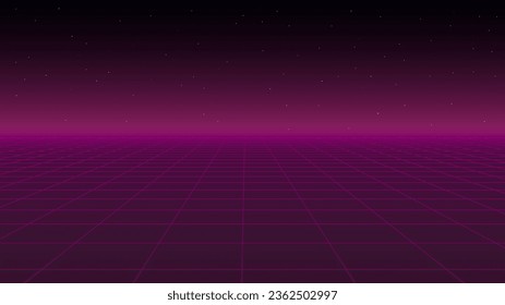  80s Retro Sci-Fi Background Futuristic Grid landscape. Digital cyber surface style of the 1980`s. Double infinite grid and lights forward. Synthwave wireframe net illustration. 80s, 90s cyber grid 