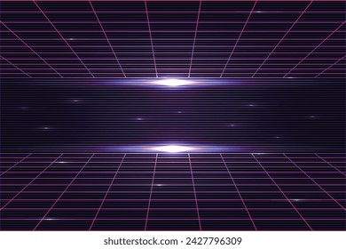 80s Retro Sci-Fi Background Futuristic Grid landscape. Digital cyber surface style of the 1980`s. Double infinite grid and lights forward. Synth wave wireframe net illustration. 80s, 90s cyber grid