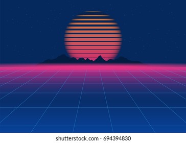 80s Retro Sci-Fi Background. Retro futuristic background, synth retro wave. Disco background template. Vector