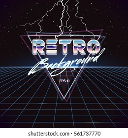 80s Retro Sci-Fi Background with Lightnings. Vector futuristic synth retro wave illustration in 1980s posters style. Suitable for any print design in 80s style.