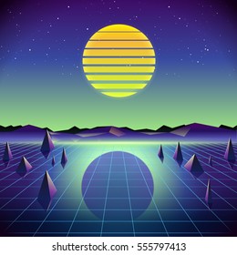 80s Retro Sci-Fi Background with Moon and Mountains. Vector futuristic synth retro wave illustration in 1980s posters style. Suitable for any print design in 80s style.